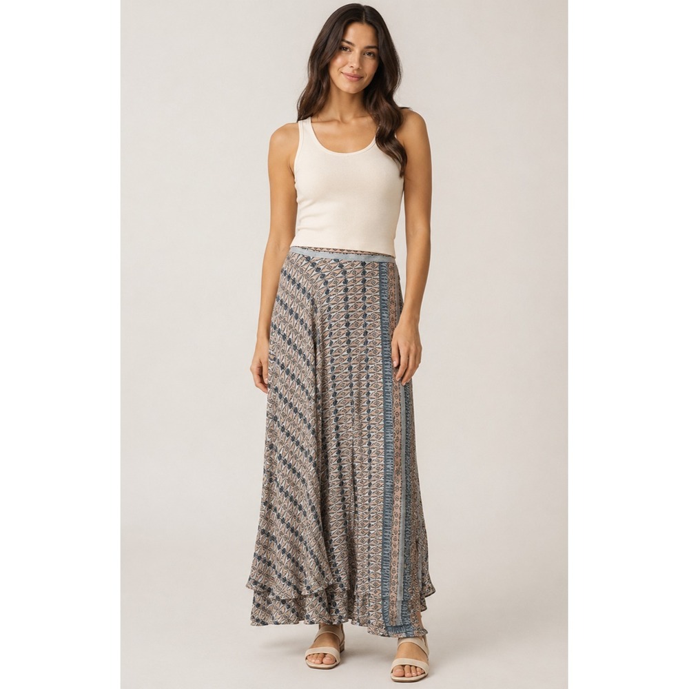 Free People Good For You Wrap Midi Skirt Women 8 Pink Blue Brown Silky Polyester